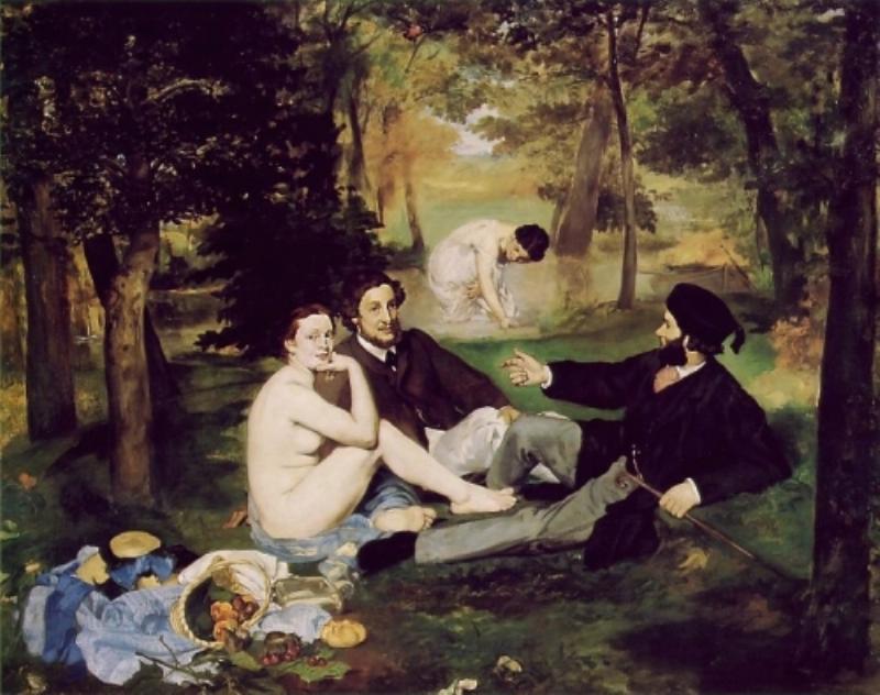 Edouard Manet Le Déjeuner sur l'herbe, toile qui a scandalisé le public parisien du XIXe siècle, montrant une femme nue et des hommes vêtus.